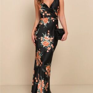 Lulu’s Black Floral Print Satin Cowl Neck Maxi Dress